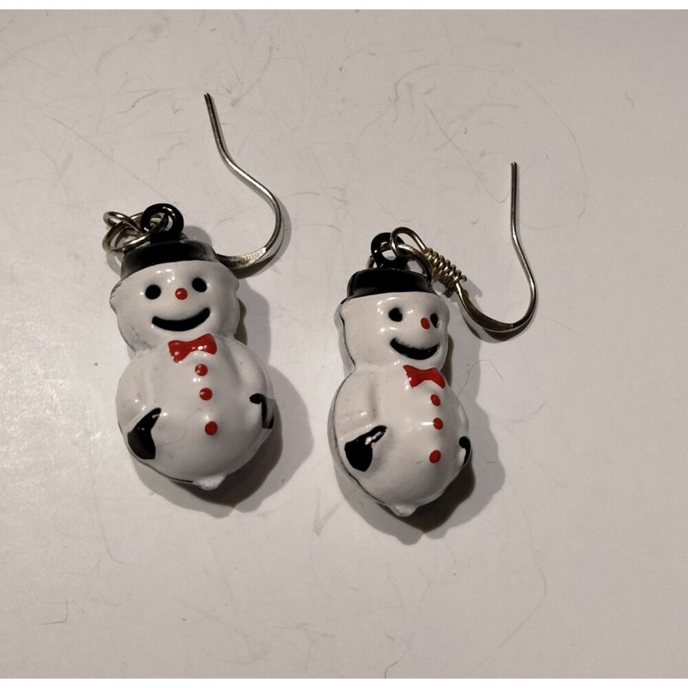 Snowman Jingle Bell Earrings Dangle Drop Hook White Silver Vintage
